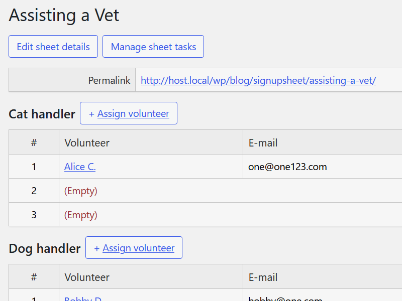 Sign-up sheet admin view Sign-up sheet admin view
